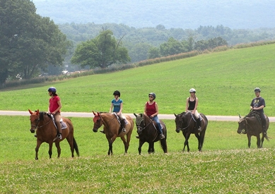 trail riders riding across horse barn hill