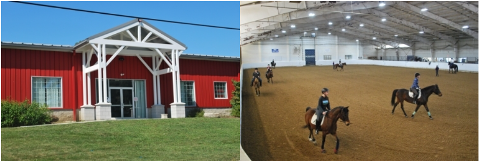 close up of horsebarn hill arena from horsebarn hill road (l); group of horses and riders trotting on the track inside the arena
